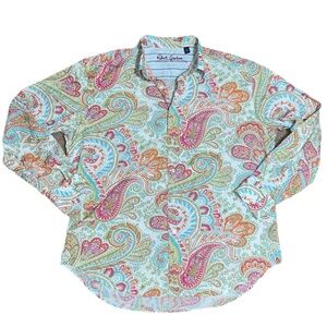 Robert Graham Button Up‎ Shirt Flip Cuff Stripe Mulitcolor Paisley 2XL